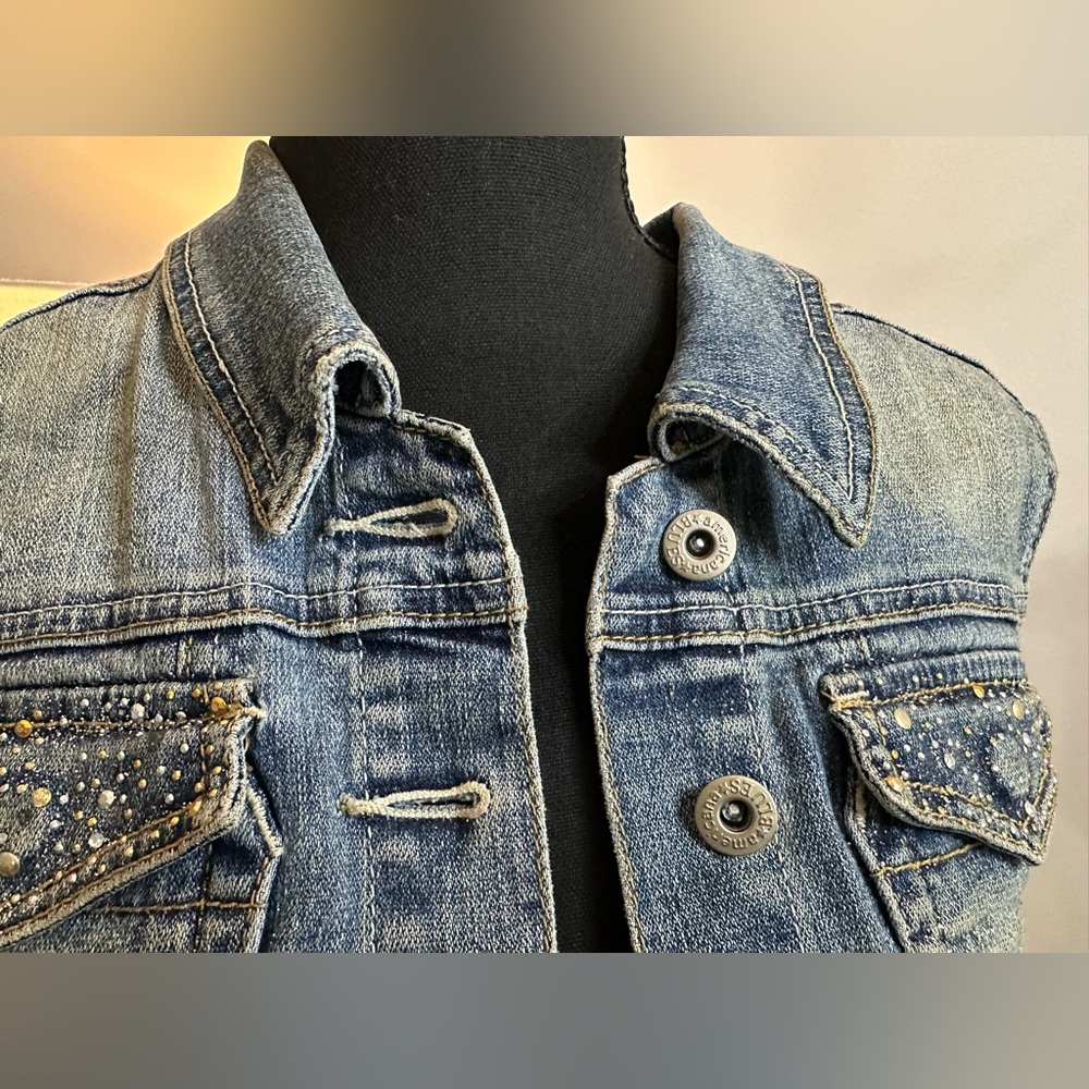 Americana Blues Distressed Embellished Sleeveless Vest - Size S - Picture 4 of 13